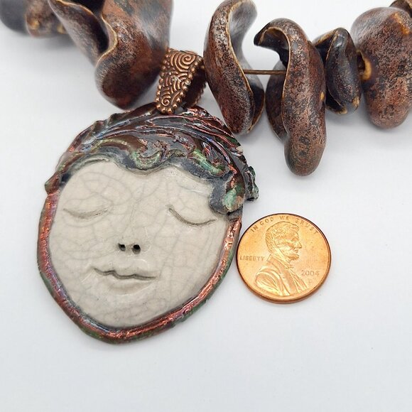 Marcia Merrins Signed Raku Face Bronze Pendant Whimsical Necklace Wearable Art - Picture 10 of 14